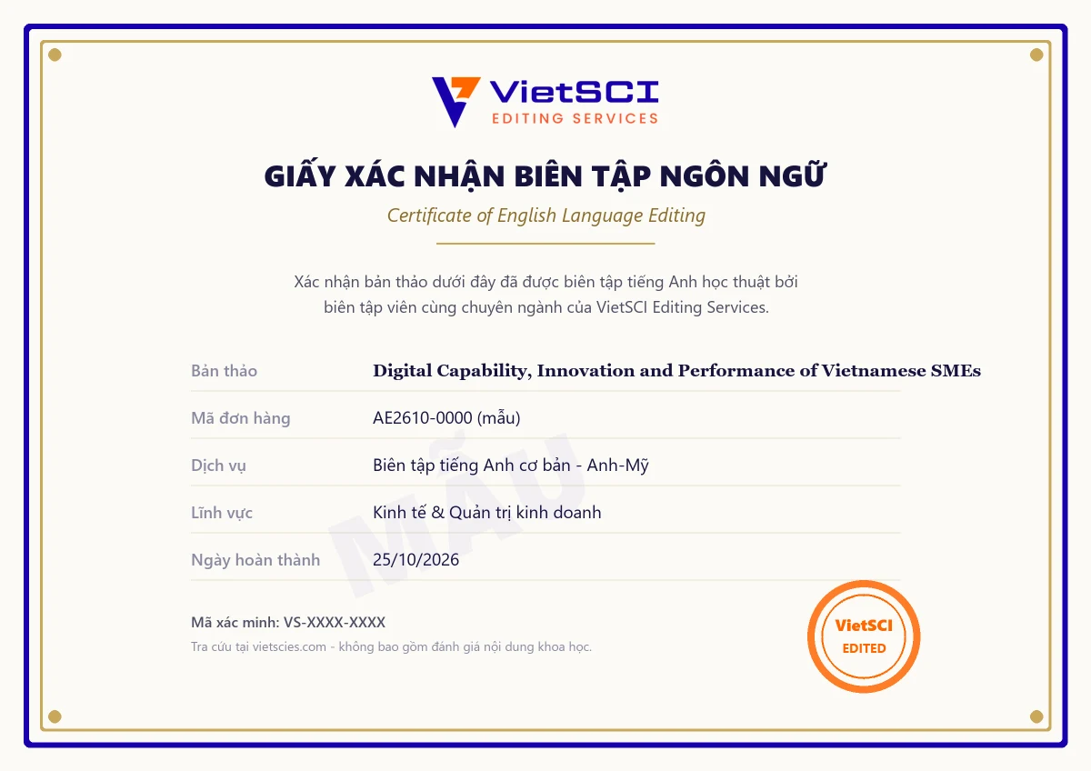 Giấy xác nhận biên tập - Mẫu giấy xác nhận đã biên tập ngôn ngữ (thông tin minh hoạ).