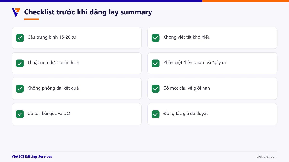 Checklist kiểm tra lay summary trước khi đăng